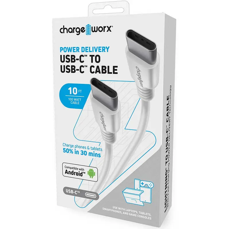10 Ft Usb-C To Usb-C Cable With Fast Charging Power Delivery Technology, White 1