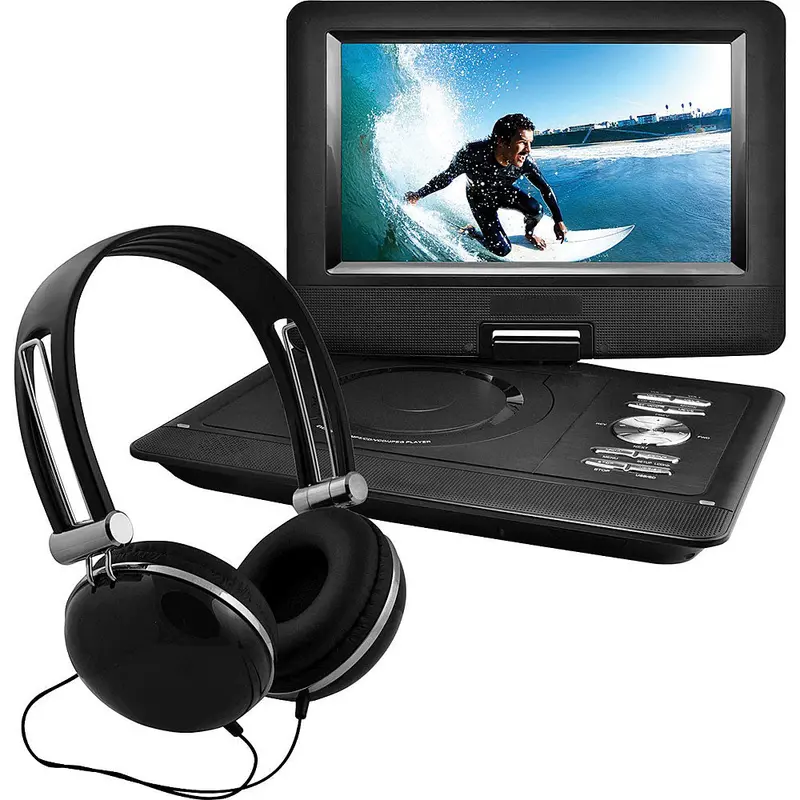 10" Portable Dvd Player Swivel Screen With Matching Headphones & Car Headrest Mount, Black 1