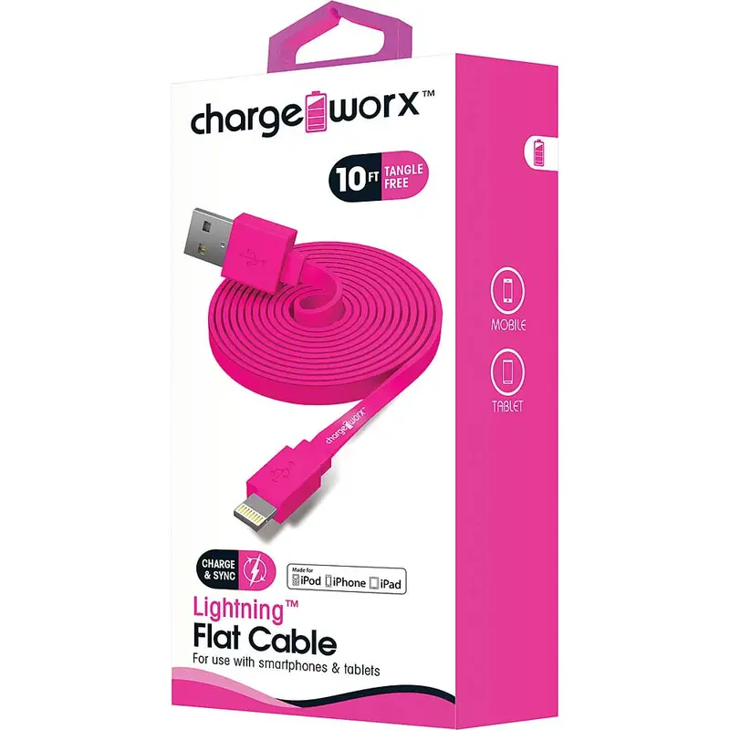 10Ft Lightning Sync/Charge Flat Cable, Pink 1