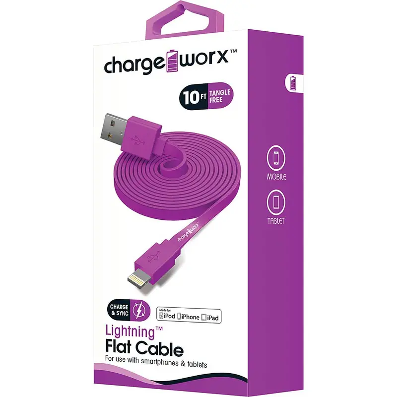 10Ft Lightning Sync/Charge Flat Cable, Purple 1