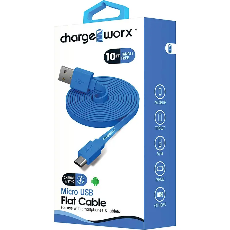10Ft Micro-Usb Sync/Charge Flat Cable, Blue 1