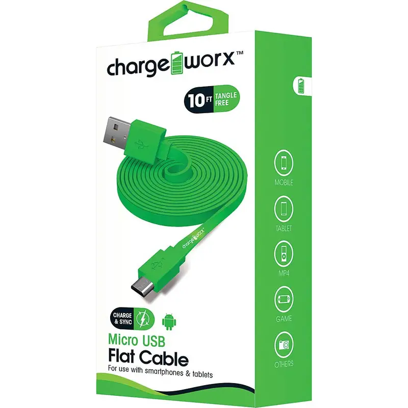 10Ft Micro-Usb Sync/Charge Flat Cable, Green 1