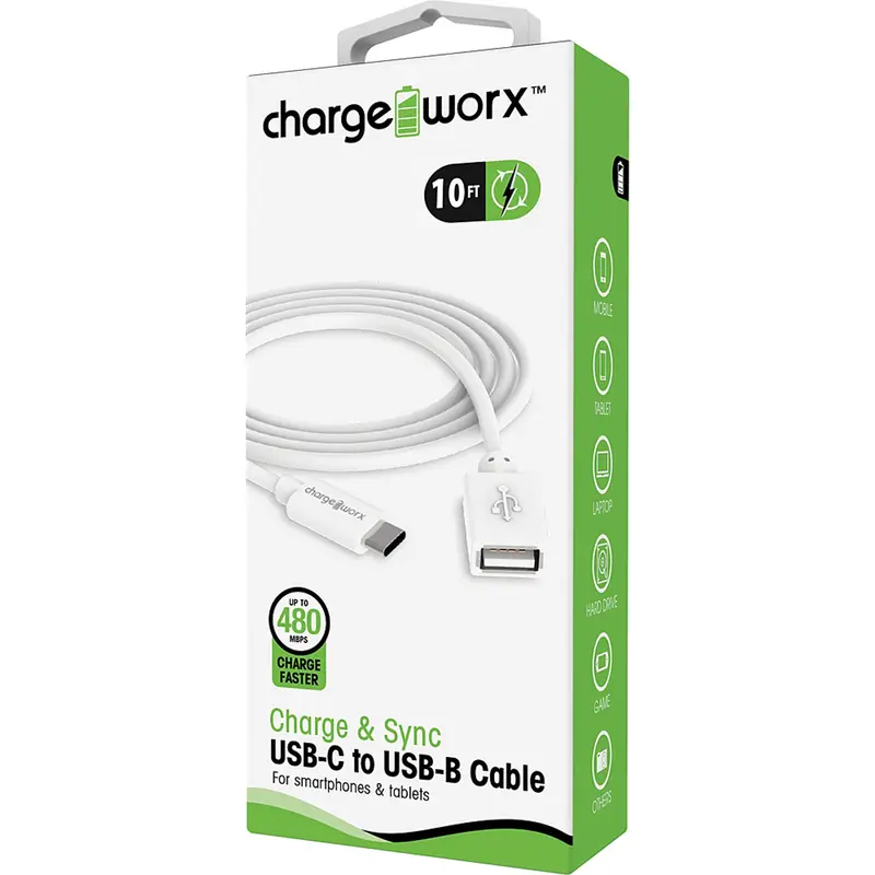 10Ft Usb-C To Usb-B Sync & Charge Cable, White 1