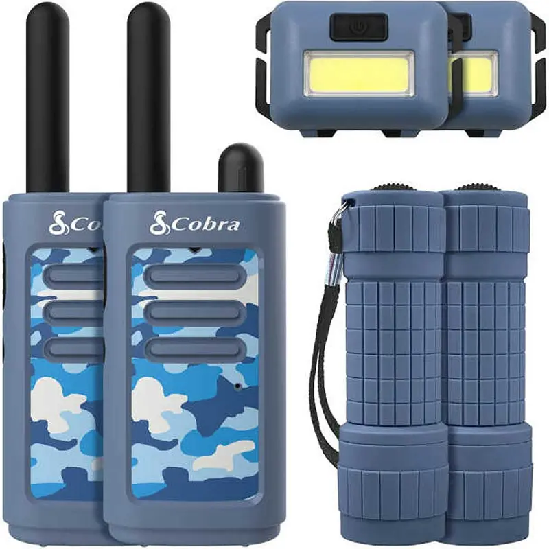 16-Mile Compact Two-Way Radio/Walkie Talkie With Led Flashlight & Headlamp Bundle, Blue 1
