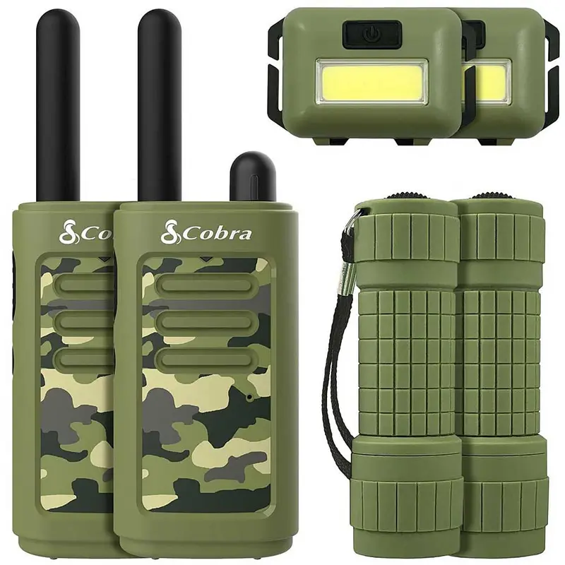 16-Mile Compact Two-Way Radio/Walkie Talkie With Led Flashlight & Headlamp Bundle, Green 1