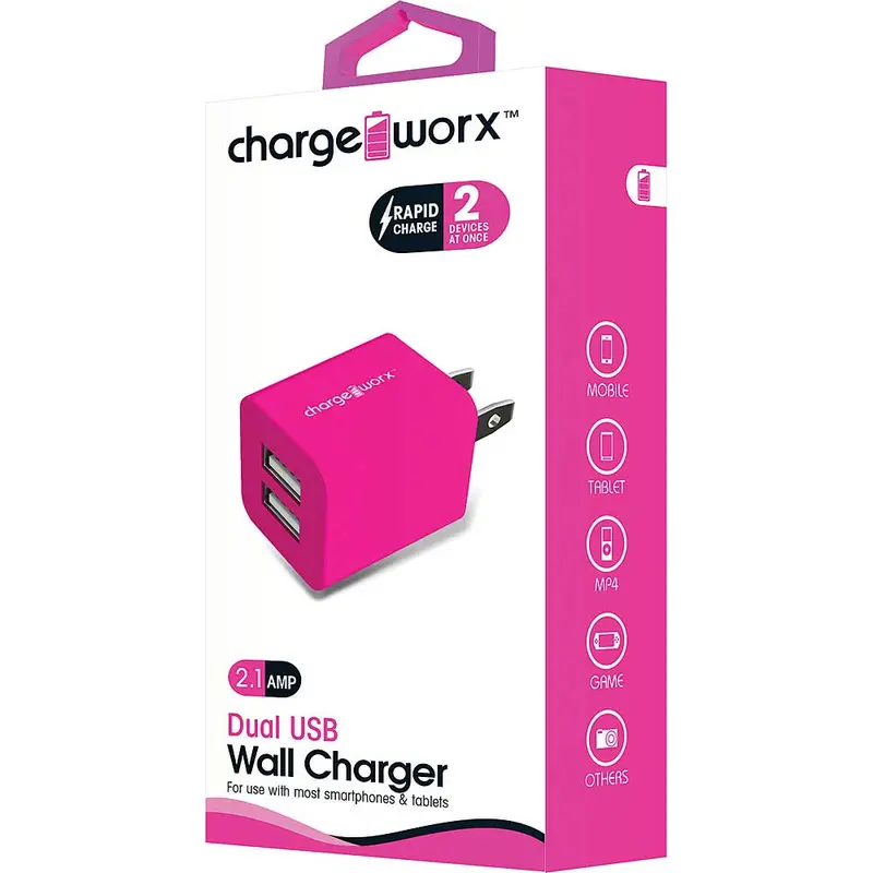 2.1A Dual Usb Wall Charger, Pink 1
