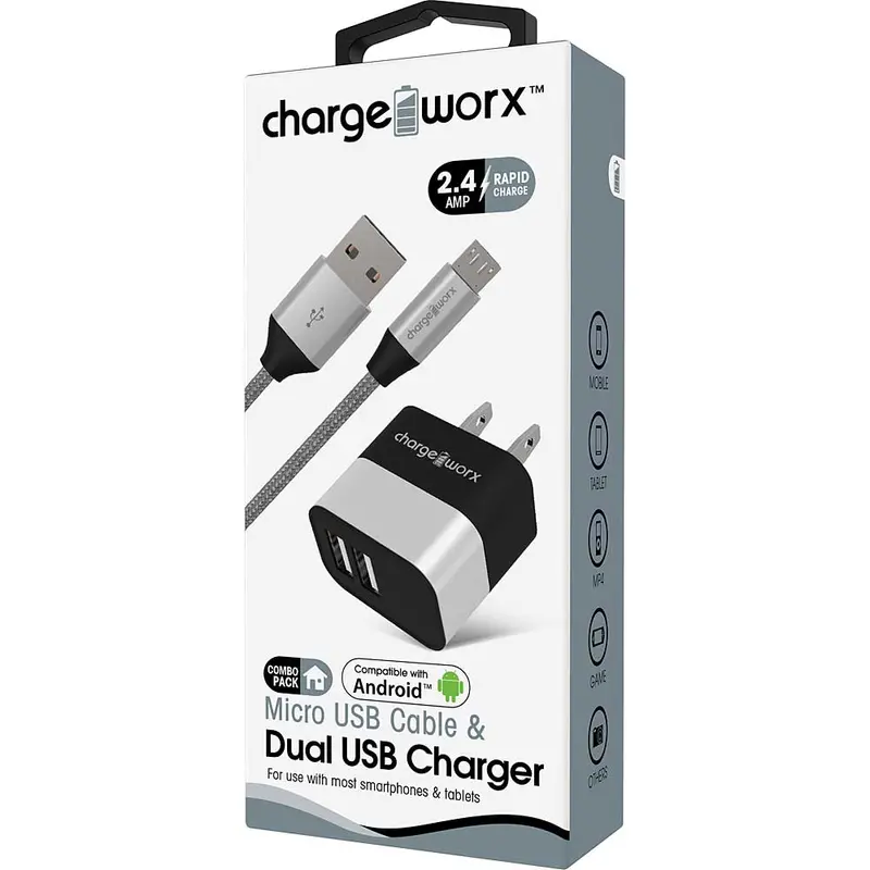 2.4A Dual Usb Metal Wall Charger & 3Ft Micro Usb Cable, Silver 1