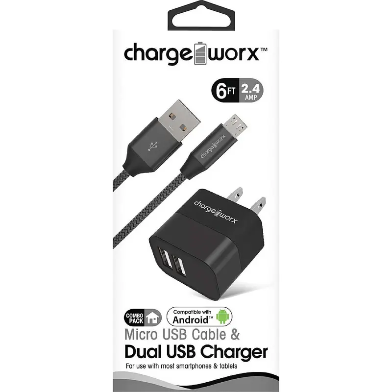 2.4A Dual Usb Metal Wall Charger & 6Ft Micro Usb Cable, Black 1