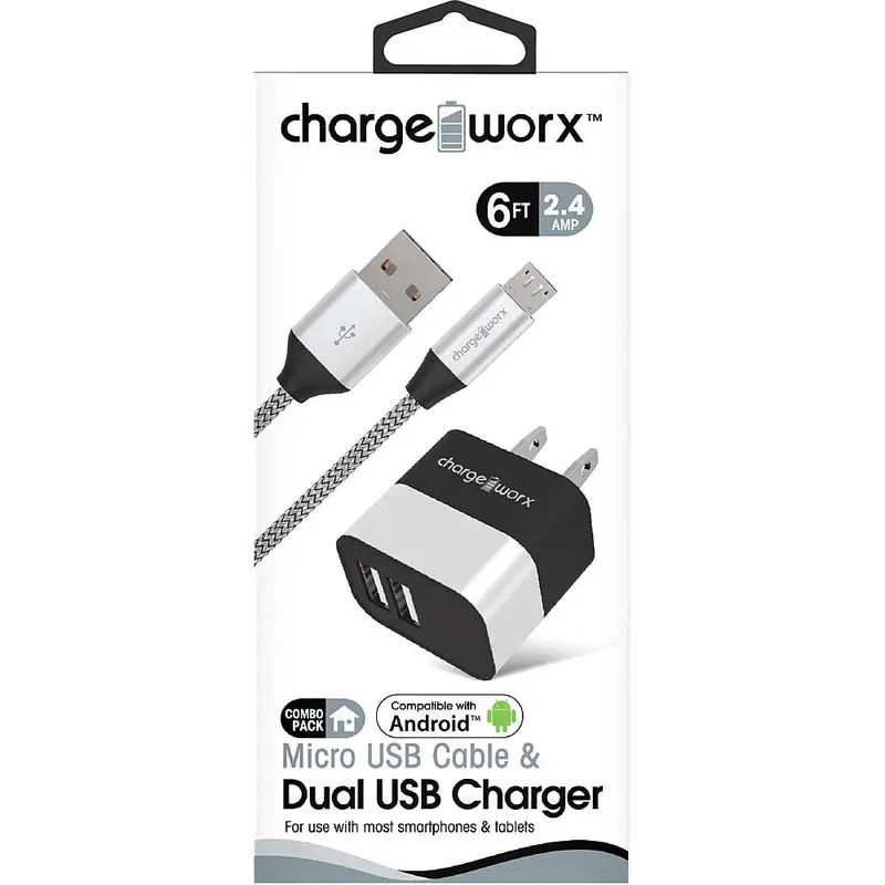 2.4A Dual Usb Metal Wall Charger & 6Ft Micro Usb Cable, Silver 1