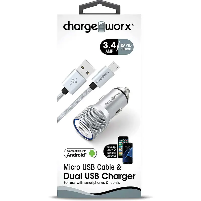 3.4 Dual Usb Car Charger With Escape Hammer & Micro Usb Cable, Silver 1