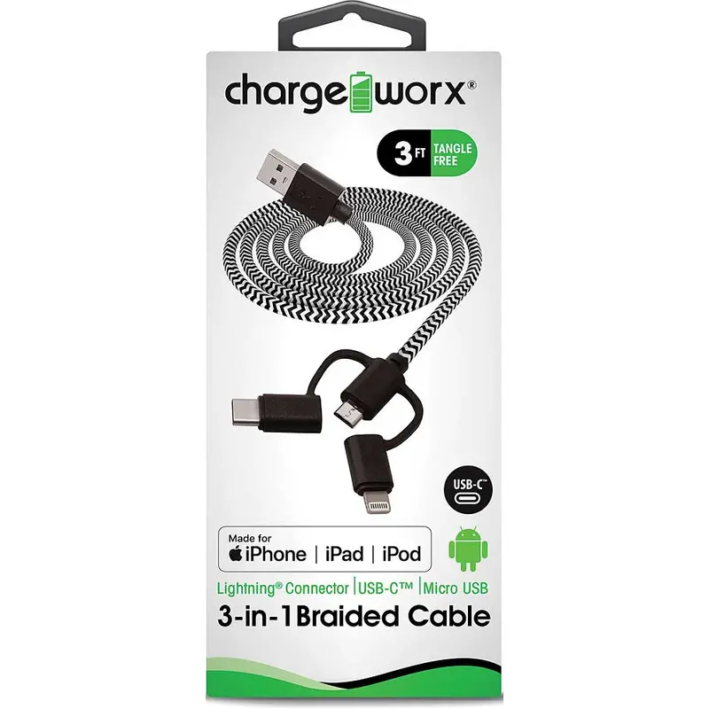 3Ft 3-In-1 Braided Sync & Charge Cable, Black 1