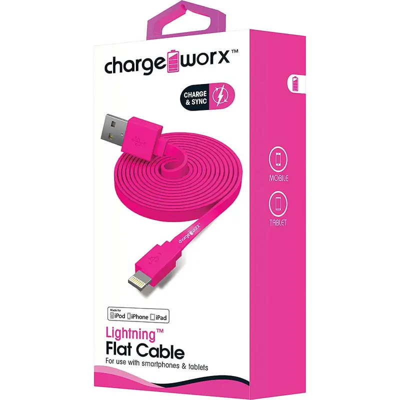3Ft Lightning Sync/Charge Flat Cable, Pink 1