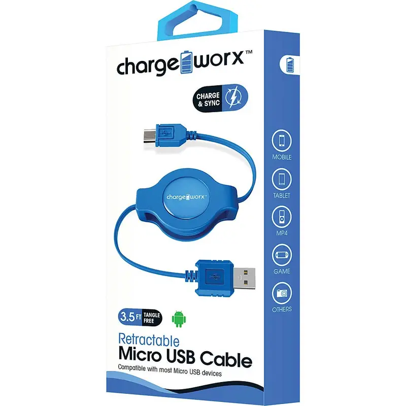 3Ft Micro Usb Retractable Cable, Blue 1