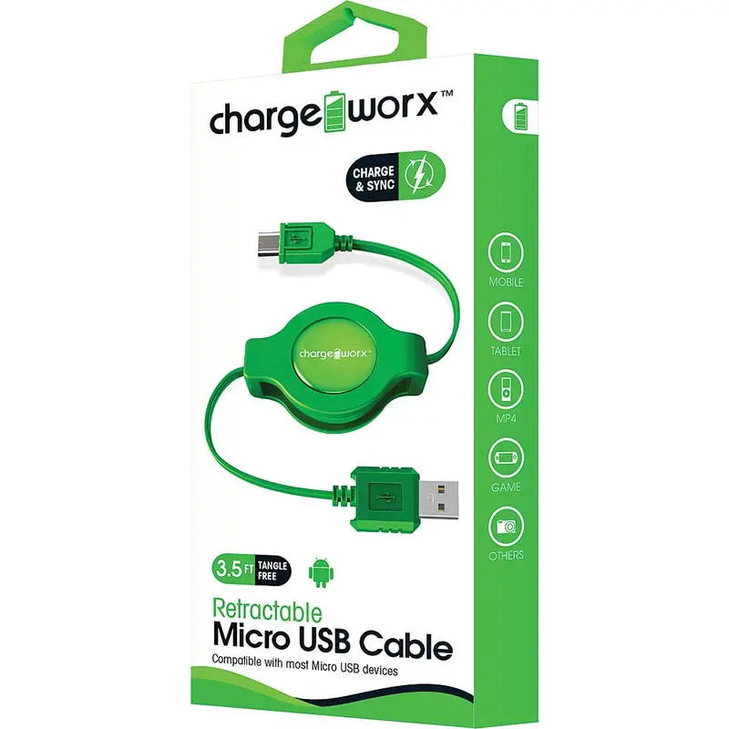 3Ft Micro Usb Retractable Cable, Green 1