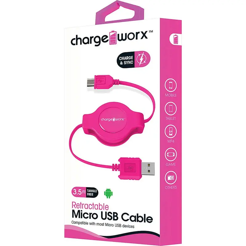 3Ft Micro Usb Retractable Cable, Pink 1