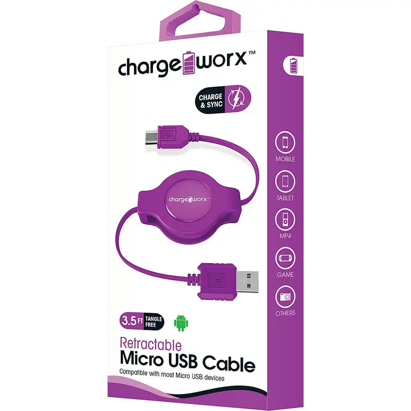 3Ft Micro Usb Retractable Cable, Purple 1