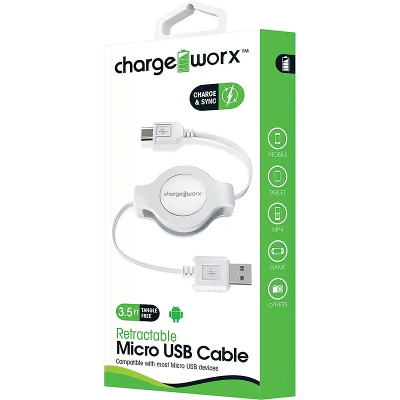 3Ft Micro Usb Retractable Cable, White 1