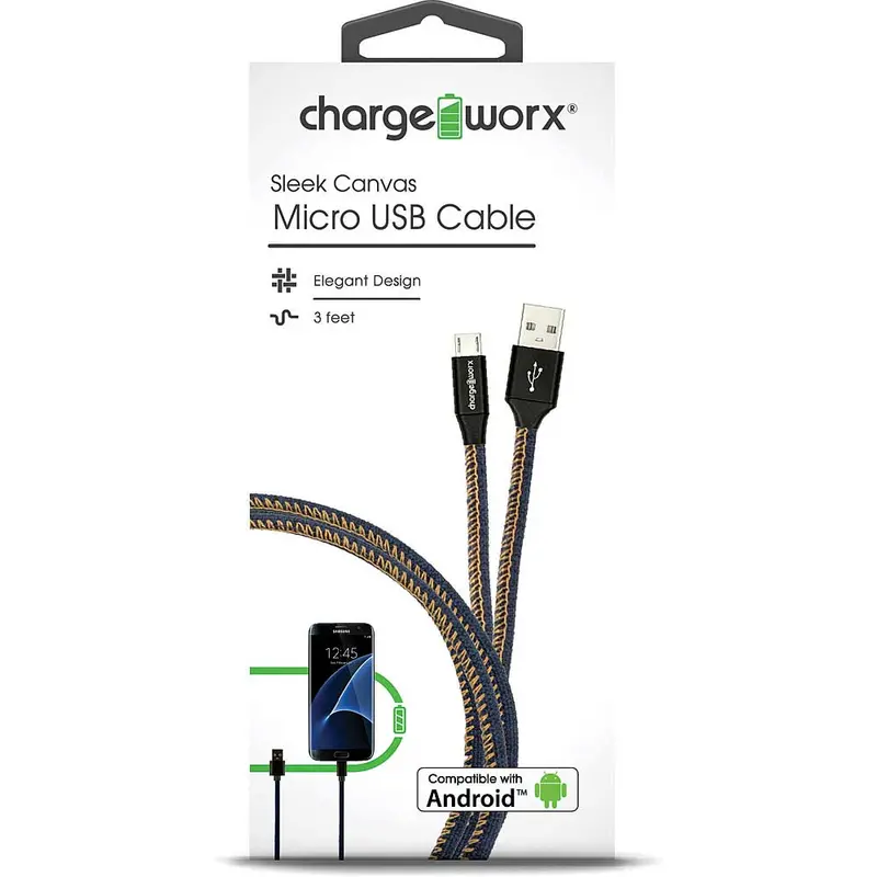 3Ft Sleek Canvas Micro Usb Cable, Blue 1