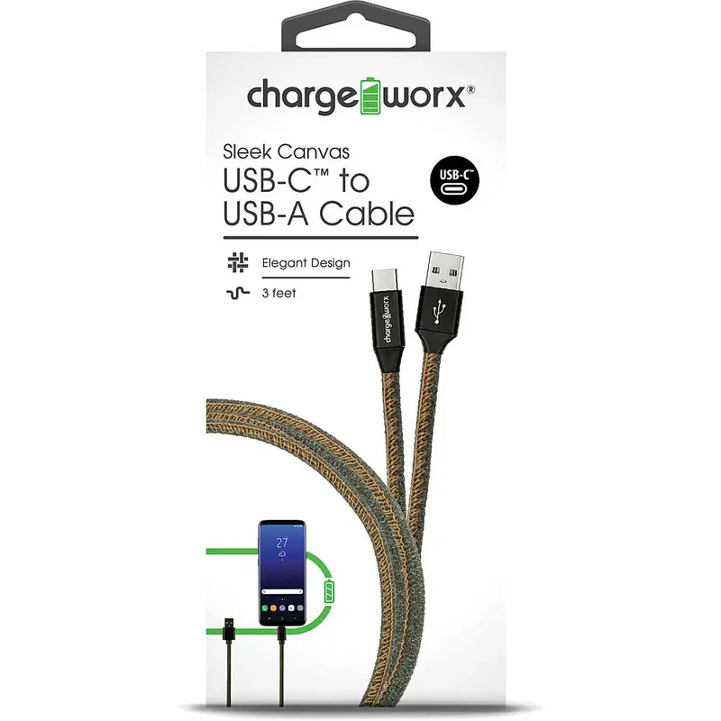 3Ft Sleek Canvas Usb-C To Usb-A Cable, Green 1