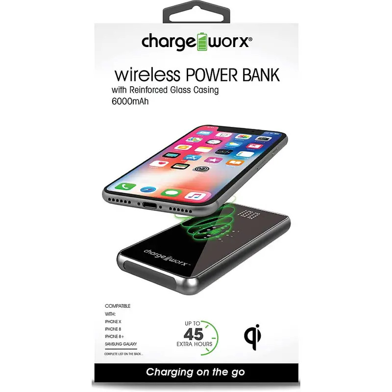6,000Mah Wireless Power Bank W/Reinforced Glass Casing, Black 1