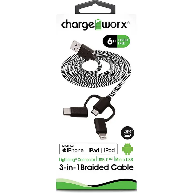 6Ft 3-In-1 Braided Sync & Charge Cable, Black 1