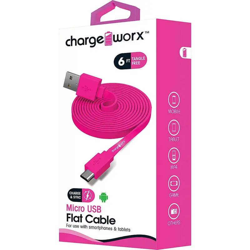 6Ft Micro-Usb Sync/Charge Flat Cable, Pink 1