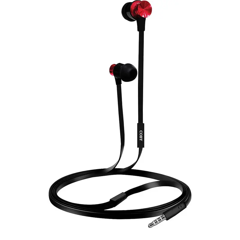 Aluminum Tangle-Eree Stereo Earbuds W/Mic, Red 1