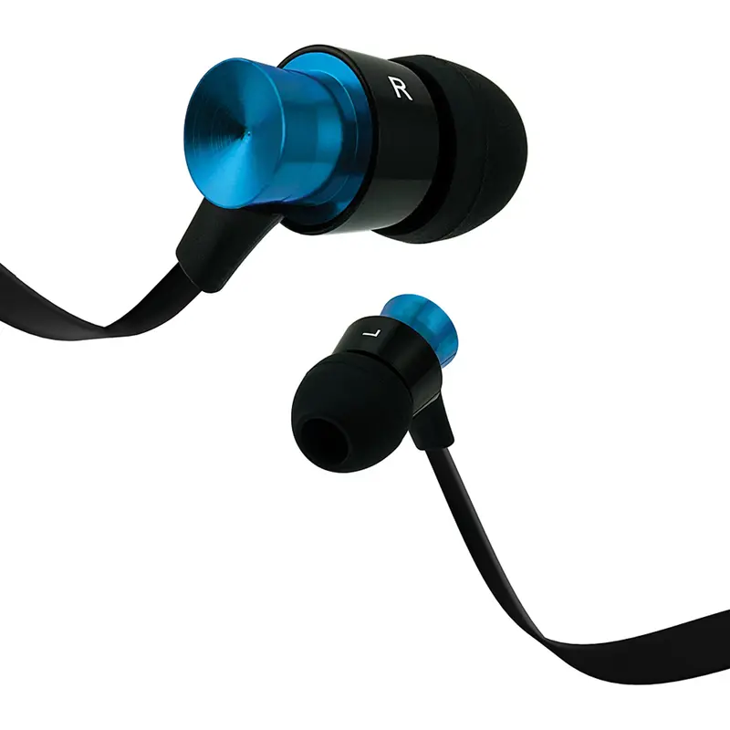 Aluminum Tangle Free Stereo Earbuds W/Mic, Blue 1