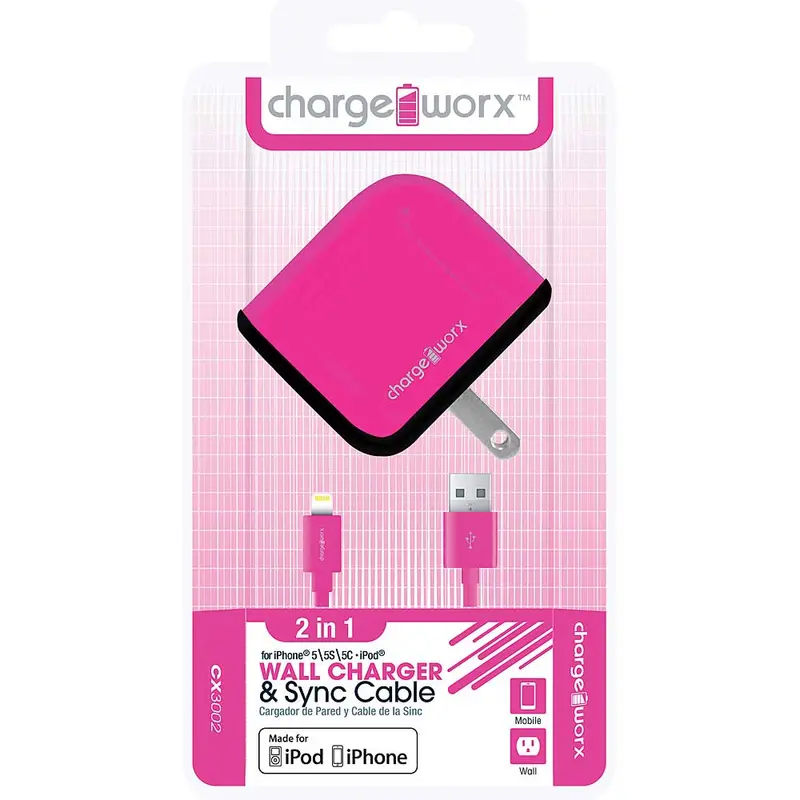 Cx3002pk Usb Wall Charger & Sync Cable For Iphone 5/5S/5C, 6/6Plus, Pink 1