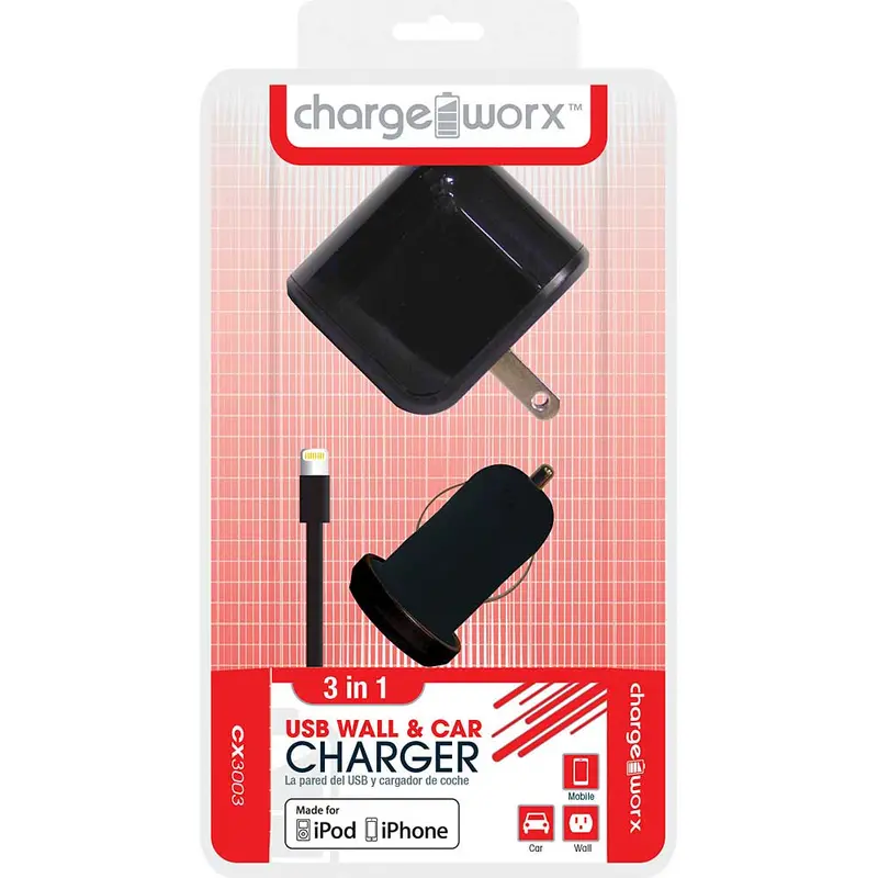 Cx3003bk Wall & Car Charger With Sync Cable For Iphone 5/5S/5C, 6/6Plus, Black 1
