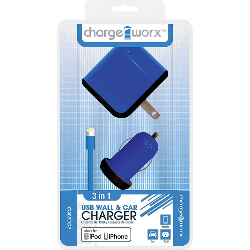 Cx3003bl Wall & Car Charger With Sync Cable For Iphone 5/5S/5C, 6/6Plus, Blue 1