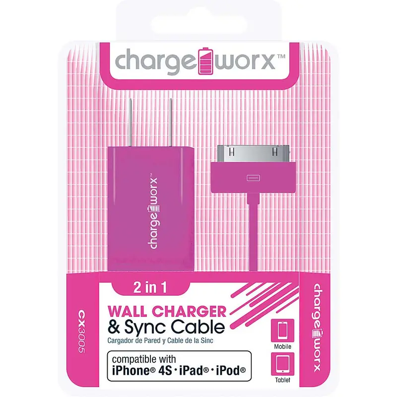 Cx3005pk Usb Wall Charger & Sync Cable For Iphone 4/4S, Ipad®, Ipod, Pink 1