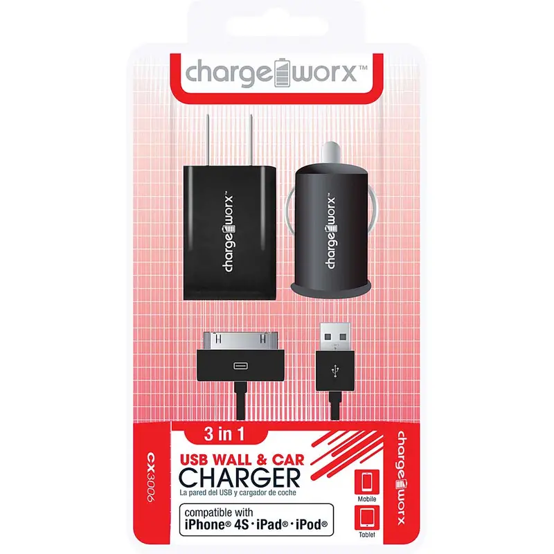 Cx3006bk Wall & Car Charger With Sync Cable For Iphone 4/4S, Ipad®, Ipod, Black 1