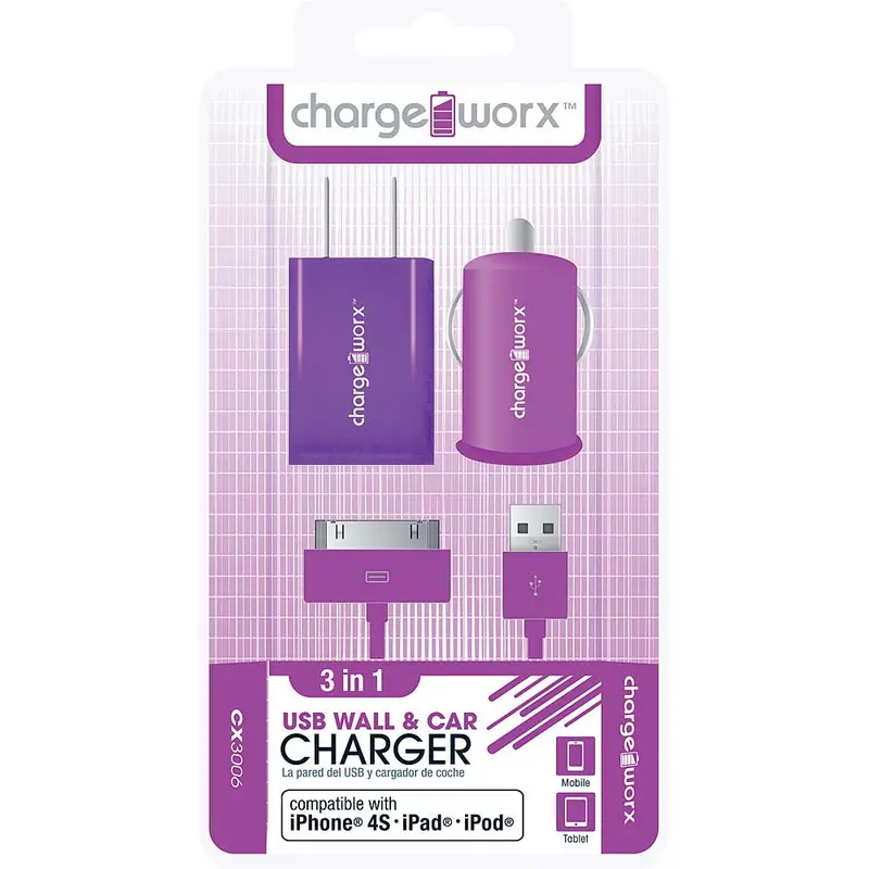 Cx3006vt Wall & Car Charger With Sync Cable For Iphone 4/4S, Ipad®, Ipod, Purple 1