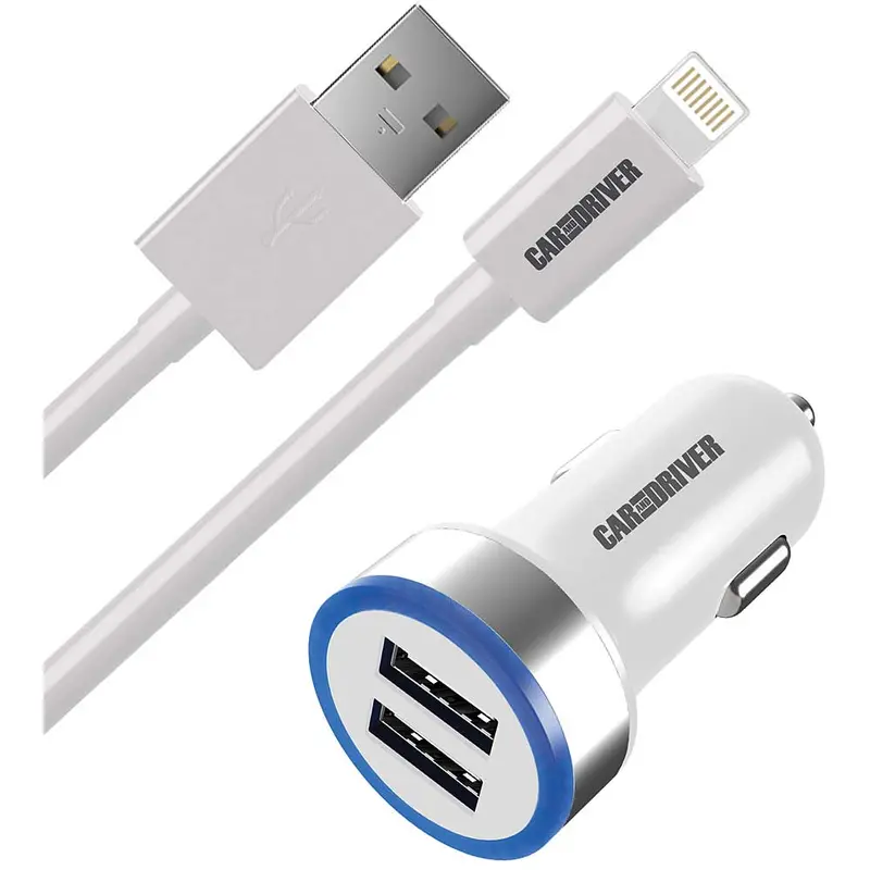 Dual Usb Car Charger & 3Ft Lightning Cable, White 1