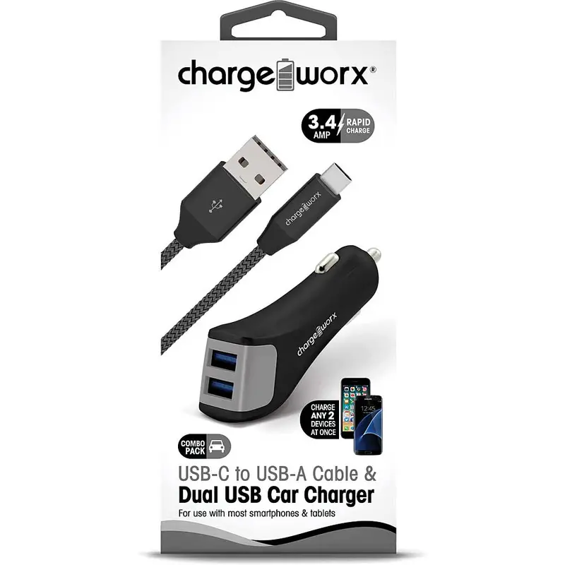 Dual Usb Car Charger & Usb-C To Usb-A Cable, Black 1