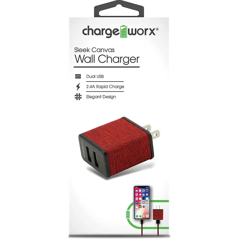 Dual Usb Sleek Canvas Wall Charger, Red 1