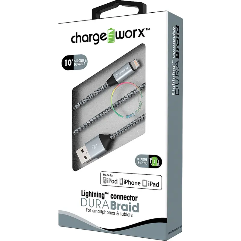 "Dura" Braid Metal 10Ft Lightning  Sync & Charge Cable, Silver 1