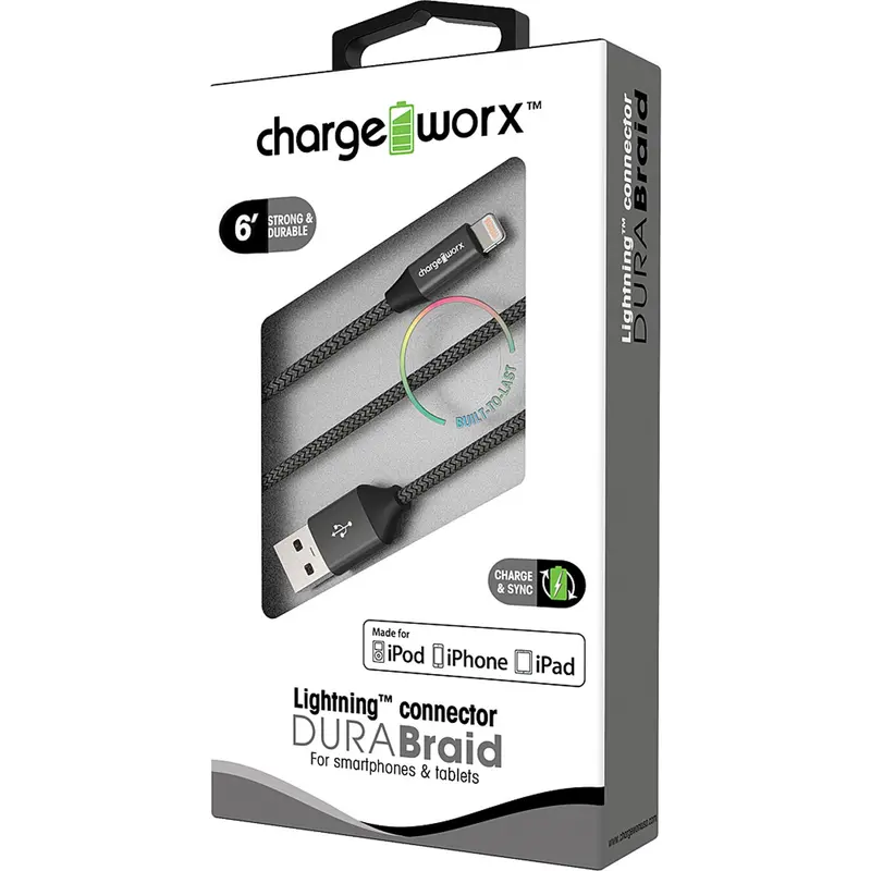 "Dura" Braid Metal 6Ft Lightning  Sync & Charge Cable, Black 1