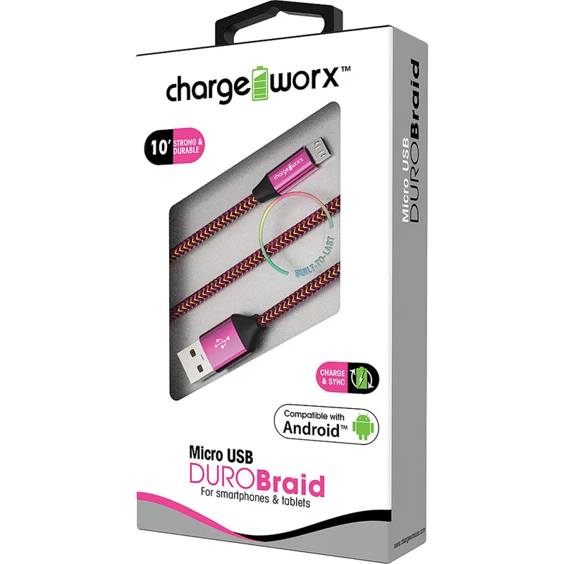 "Duro" Braid 10Ft Micro Usb  Sync & Charge Cable, Pink 1