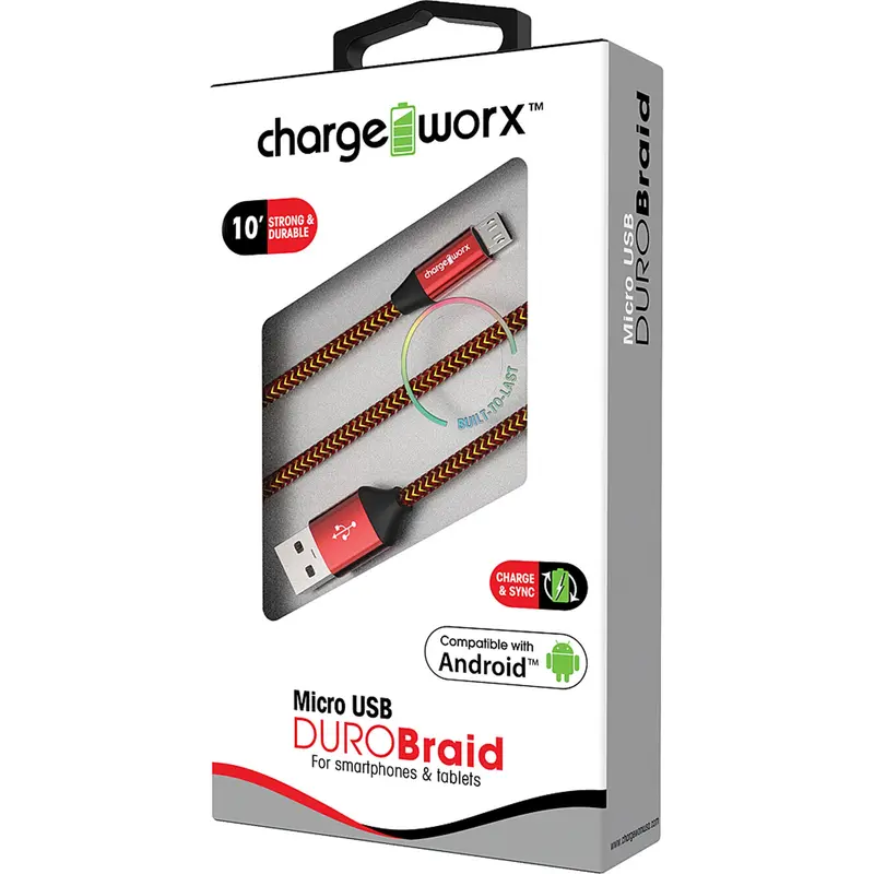 "Duro" Braid 10Ft Micro Usb  Sync & Charge Cable, Red 1