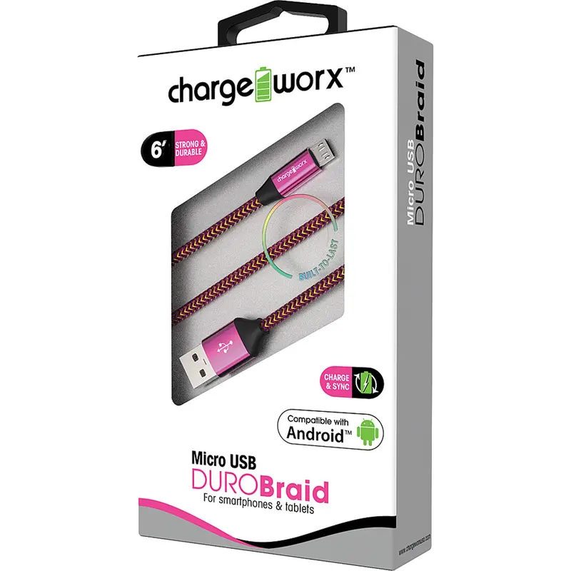 "Duro" Braid 6Ft Micro Usb  Sync & Charge Cable, Pink 1