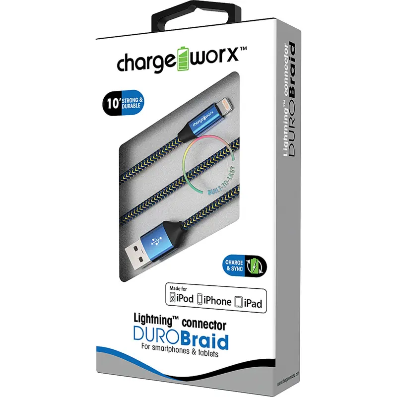 "Duro" Braid Metal 10Ft Lightning  Sync & Charge Cable, Blue 1