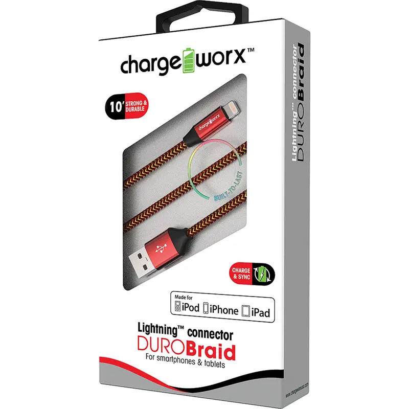 "Duro" Braid Metal 10Ft Lightning  Sync & Charge Cable, Red 1