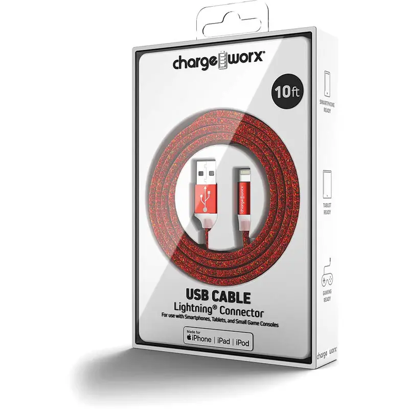 Flexknit 10 Ft Lightning Cable, Red 1