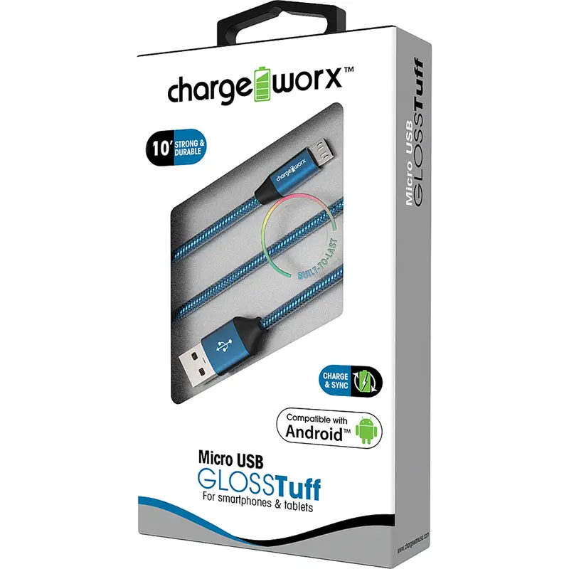 "Gloss" Tuff 10Ft Micro Usb  Sync & Charge Cable, Blue 1