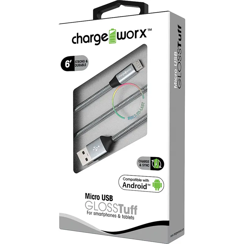 "Gloss" Tuff 6Ft Micro Usb  Sync & Charge Cable, Silver 1