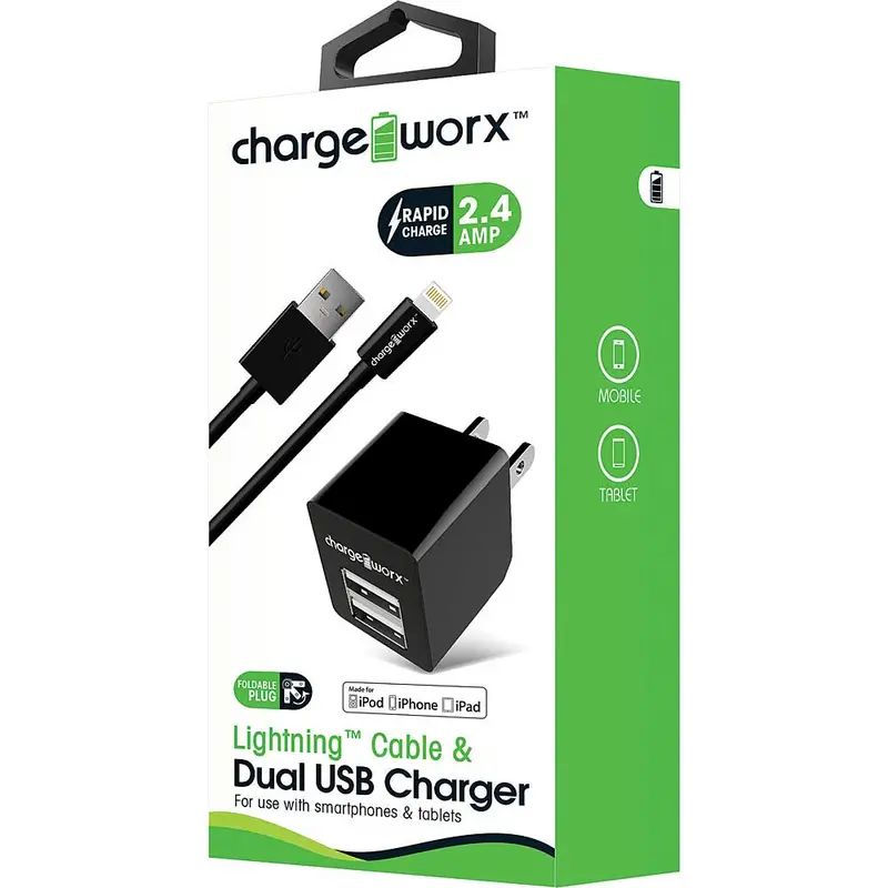 Lightning Sync Cable & 2.4A Dual Usb Wall Chargers, Black 1