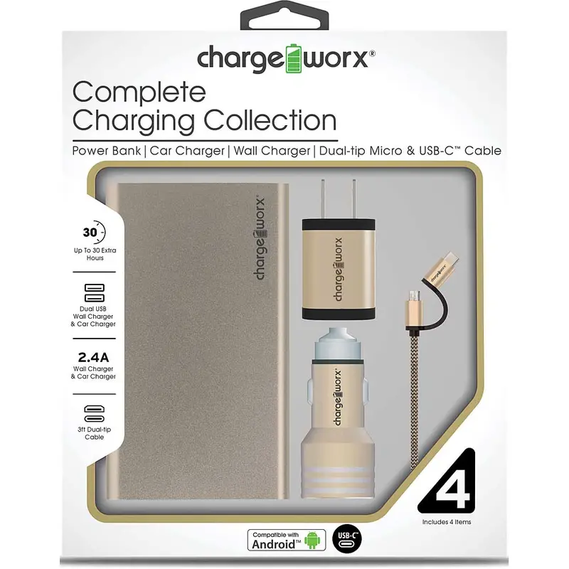 Metallic Complete Charging Collection W/Micro Usb & Usb-C Cable, Gold 1