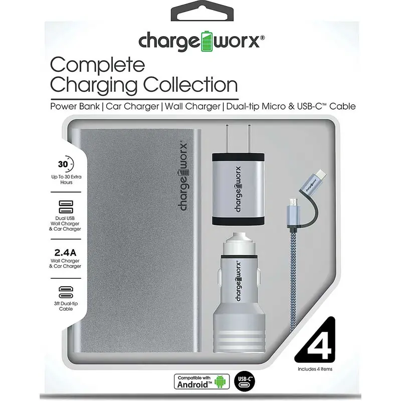 Metallic Complete Charging Collection W/Micro Usb & Usb-C Cable, Silver 1
